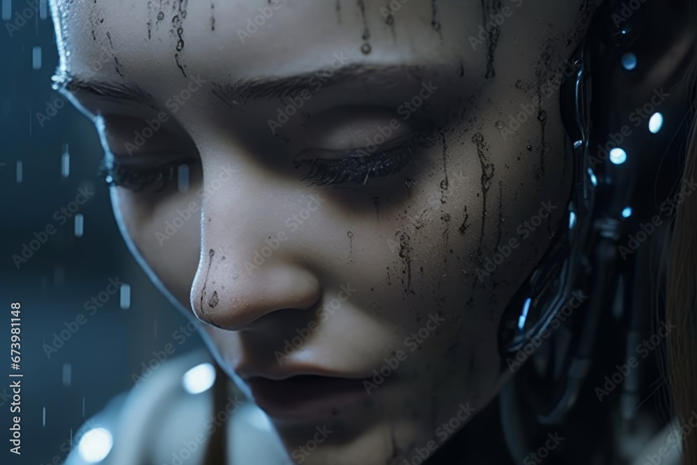 Crying face, android, humanoid robot, tears, sadness, emotional ...