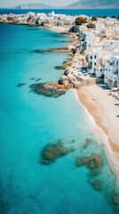 Poster - drone photo, aerial view, of a Mediterranean Greek town by the ocean, vertical orientation 