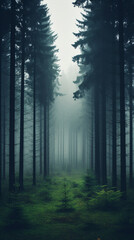 Poster - a view between the trees on misty morning in the forest