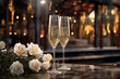 Two wine glasses and bouquet of flowers on table. Concept of Valentine's Day and romantic date for couple