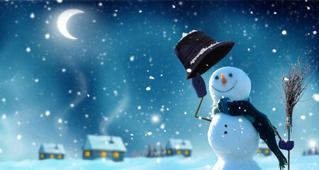 Wall Mural - Merry Christmas and happy new year greeting background.  Snowman with a broom in a night winter landscape