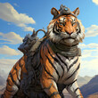 Tiger with helmet and armor in the sky. 3D rendering. 