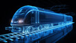 3d rendering of a high speed train with blue lights on a black background