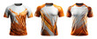 set of orange white sports jersey with abstract pattern front view, isolated on transparent background, generative ai