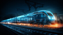3d render of a high-speed train, blue lighting and dark background