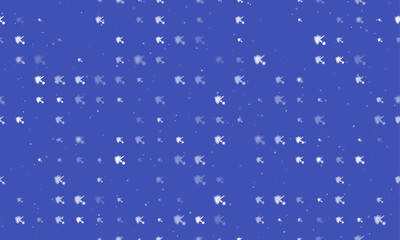 Poster - Seamless background pattern of evenly spaced white virus bounces off the shield symbols of different sizes and opacity. Vector illustration on indigo background with stars