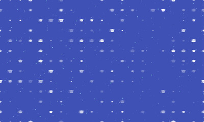 Poster - Seamless background pattern of evenly spaced white square academic cap symbols of different sizes and opacity. Vector illustration on indigo background with stars