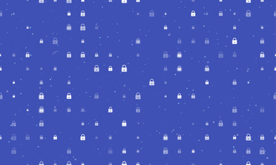 Poster - Seamless background pattern of evenly spaced white padlock symbols of different sizes and opacity. Vector illustration on indigo background with stars