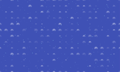 Poster - Seamless background pattern of evenly spaced white bicycle symbols of different sizes and opacity. Vector illustration on indigo background with stars