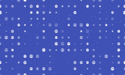 Poster - Seamless background pattern of evenly spaced white masked face symbols of different sizes and opacity. Vector illustration on indigo background with stars