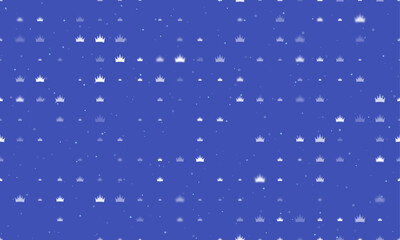 Poster - Seamless background pattern of evenly spaced white crown symbols of different sizes and opacity. Vector illustration on indigo background with stars