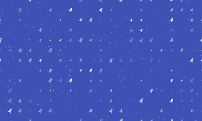 Poster - Seamless background pattern of evenly spaced white rocket symbols of different sizes and opacity. Vector illustration on indigo background with stars