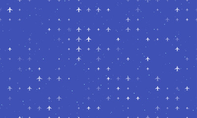 Poster - Seamless background pattern of evenly spaced white airplane symbols of different sizes and opacity. Vector illustration on indigo background with stars
