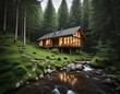 Ein wunderbares Holzhaus steht in einem stillen Wald. Ein Bach fließt vorbei.