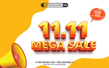 Wall Mural - 11.11 mega sale editable 3d vector text style effect