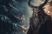 Krampus Christmas In A Snowy Forest On A Night With Snow-Covered Carnivore And Blurred Lights In The Background