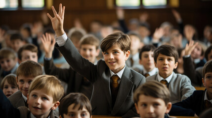 student at a desk in a school class raises his hand, child, smart kid, children, study, learning, classroom, knowledge, lesson, pupil, schoolboy, boy, uniform, european, tie, smile, portrait, face