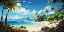 Illustration Of A Tropical Beach Paradise With White Sand And Lush Palm Trees