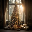 Gemütliches Wohnzimmer mit einem geschmückten Weihnachtsbaum vor dem Fenster