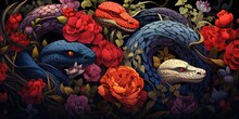 Snakes Starts In The Spring Mating Season. Many Snakes Gathered In The Tangle. Illustration For Cover, Card, Postcard, Interior Design, Decor Or Print