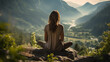 Young woman meditating on a mountain. Surrounded by nature. Back view. High quality