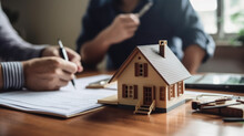 Concept for selling a house and home insurance. Signing a house purchase and sale agreement, housing rental, property insurance