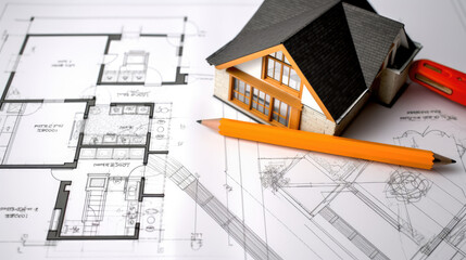 House layout on the table against the background of an architectural drawing, background house plan