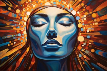 Poster - A close-up of an abstract human face with eyes closed, radiating a serene aura, representing the inner power of the creator in a state of deep reflection.