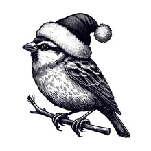 Sparrow Bird On A Branch Wearing A Christmas Hat Sketch