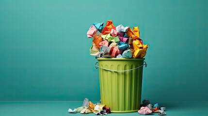 Metal green bin with crumpled multi colored paper near green wall indoors, space for text. Rubbish recycling