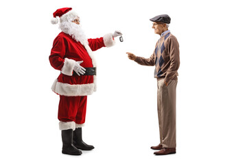 Poster - Full length profile shot of santa claus giving car key to an elderly man