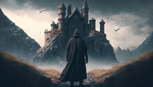 Enigmatic Monk Standing Front Of Haunted Scarry Castle. Generative AI