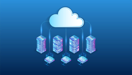 Fototapete - Cloud technology isometric background. Computer technology, server room, and equipment for internet networks. Data cloud storage technology. Database and data center vector illustration.