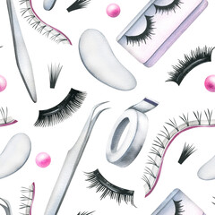 Wall Mural - False eyelashes for extensions, tweezers, women's eyes, patches and flowers. Hand drawn watercolor illustration. Seamless pattern on a white background