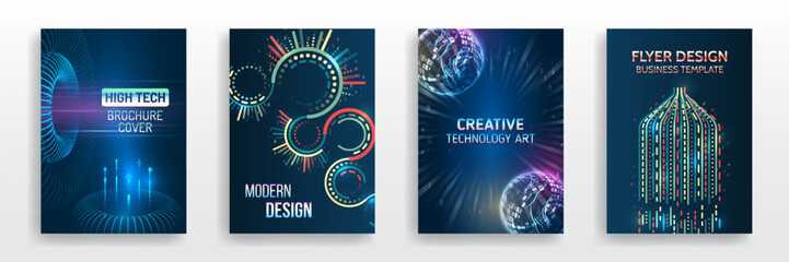 Aufkleber - Futuristic business posters. Technology covers corporate documents. Layout template science designs. Brochure, flyer, book, annual report. Blue hi-tech vector illustrations for business presentations.