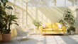 an airy sunroom with pale yellow walls and white tile floors and a large skylight overhead