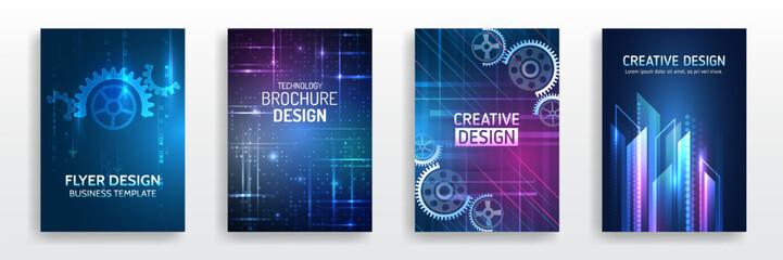 Sticker - Futuristic design for medical, scientific, computer flyers, brochures, and webinar pages. High-tech corporate document cover design. Blue set of hi-tech covers for presentation and marketing.