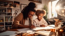 An Afro Mom Helps Her Curious Child With Homework. A Teacher Helps A Pupil With Homework In Classroom.