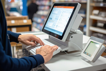 Male hands of a salesman on a cash register in a store. Making a purchase.