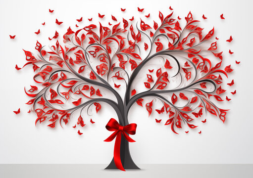 World aids day with red ribbons on a tree, in the style of elegant and intricate patterns