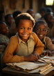 © Julia Zarubina - dark-skinned African student at a desk in a school class raises his hand, child, smart kid, children, study, learning, classroom, knowledge, lesson, pupil, boy, girl, team, friends, smile, portrait