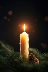Poster - A lit candle placed on top of a pine tree. Can be used for holiday decorations or as a symbol of peace and tranquility.