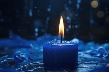 Poster - A blue candle is lit in the dark. This image can be used for various purposes.