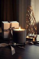 Poster - A candle sitting on top of a wooden table. This image can be used to create a cozy and warm atmosphere in various settings.