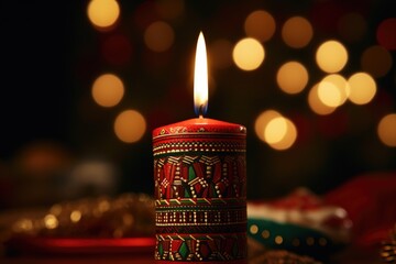 Poster - A lit candle sitting on top of a table. This image can be used to create a cozy and peaceful atmosphere.