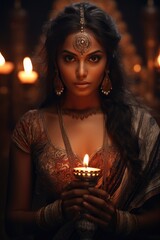 Poster - A woman holding a lit candle in her hands. This image can be used to represent hope, spirituality, or a peaceful atmosphere.