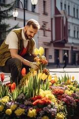 Poster - A man is seen arranging flowers in front of a building. This image can be used to depict gardening, beautification, or floral decoration.