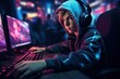 eSports, a boy plays a computer, he fights in a computer game, neon realistic photo,headphones, hoodie