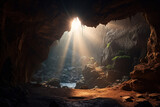 Fototapeta Natura - A cave in a jungle with a sunbeam shining in from the side.