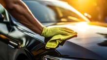 A Man Cleaning Car With Microfiber Cloth, Car Detailing (or Valeting) Concept. Car Wash Background